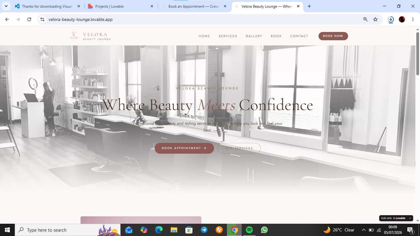 Velora Beauty Lounge — homepage screenshot